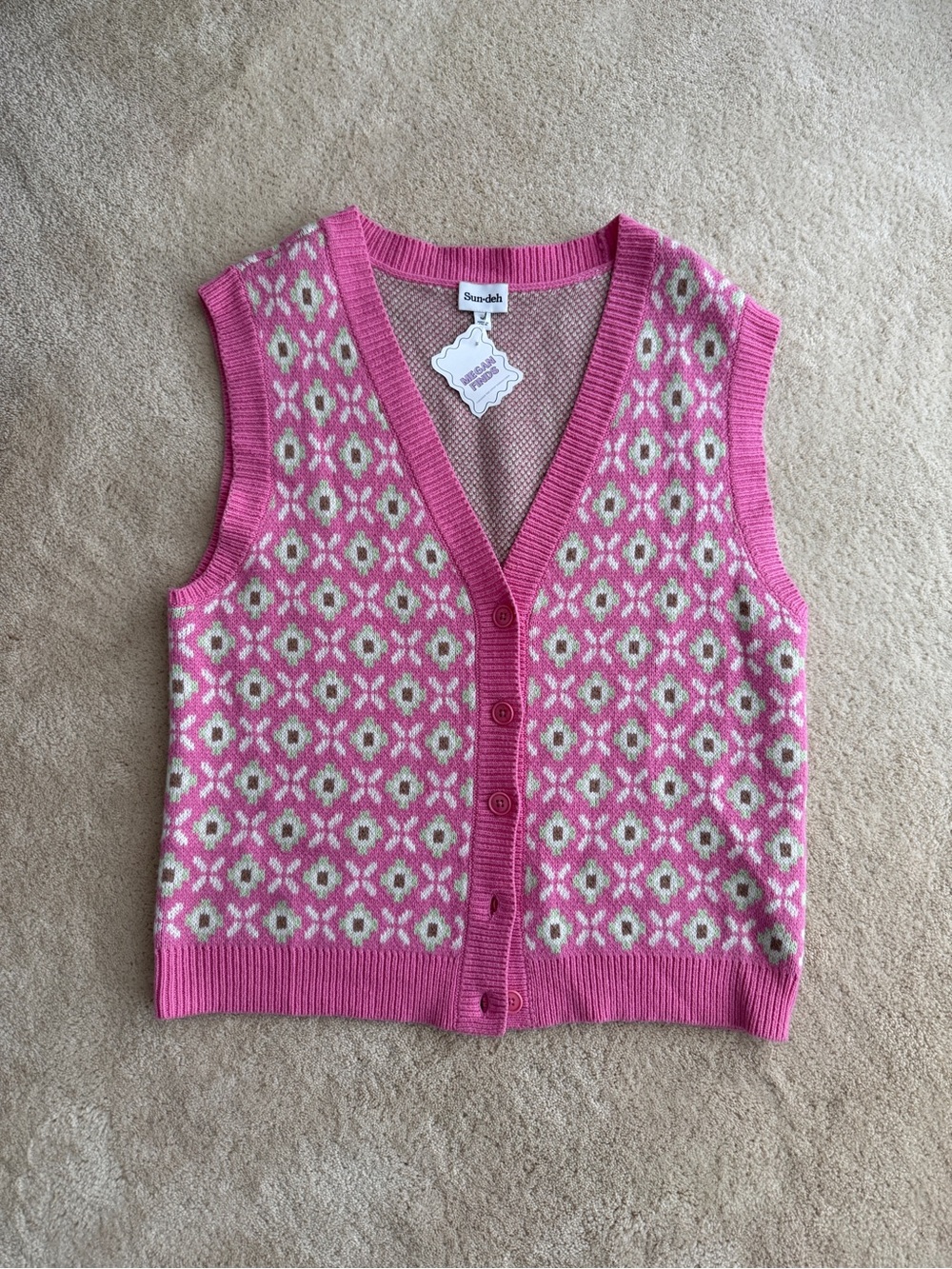 Aritzia Sun-deh Pink Geometric Knit V-Neck Sweater Vest